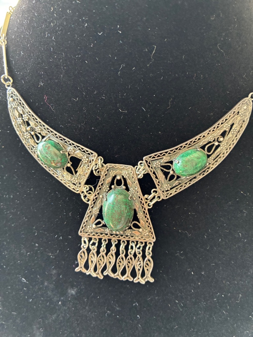 Silver Filigree Necklace with Green Jade Stone Accents